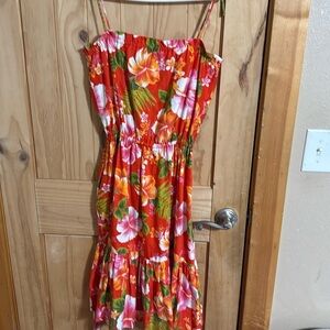 Vintage Paradise Hawaii Floral Red Sundress with Tie Waist